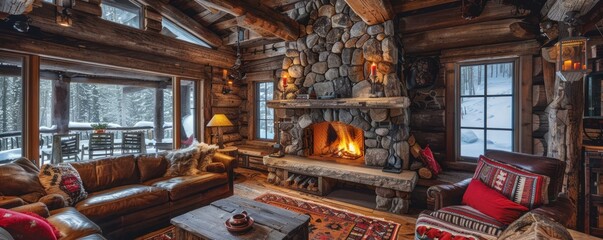 Rustic cabin with a stone fireplace and wooden beams.