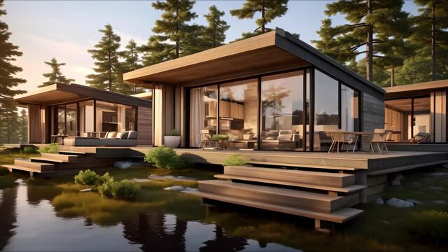 3D renderings of modern sustainable tiny homes with rustic cozy designs. Concept Tiny Homes, Sustainable Design, 3D Renderings, Cozy Interiors, Modern Architecture