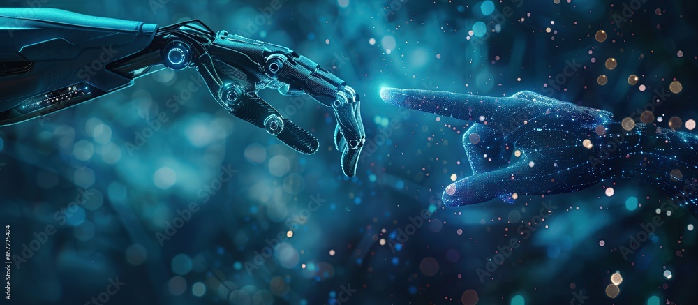 Poster artificial intelligence robot hand touching a human finger on a digital background