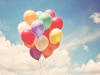 Vibrant Helium Balloons in Various Colors Soaring in a Clear Blue Sky. Generative AI
