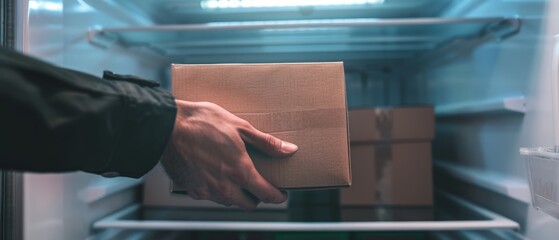 Naklejka premium Close-up of Hand Retrieving Empty Box from Cold Store Fridge for Mockup | Ample Branding Space