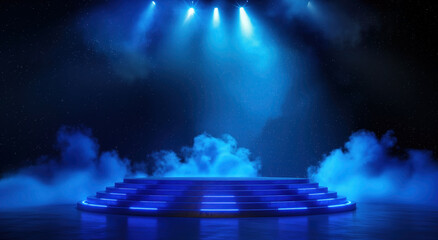 Empty stage with blue spotlights and mist. A dramatic scene featuring a tiered stage, illuminated by blue lights, surrounded by mist and a starry background