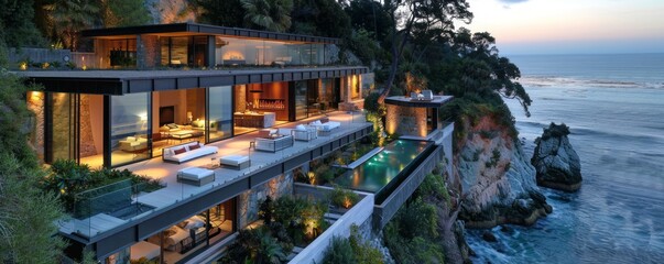 Contemporary cliffside mansion with glass walls.