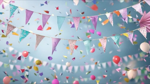 Creating a Festive and Joyous Party Atmosphere with Colorful Bunting and Confetti. Concept Festive Decor, Colorful Bunting, Confetti, Party Atmosphere, Joyous Celebration