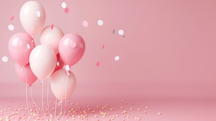 fondo liso rosa par ainvitacion digital o celebraciones con diseño de globos metalicos y confeti en tonos pastel  fondo para diseño o festejo con espacio para copiar