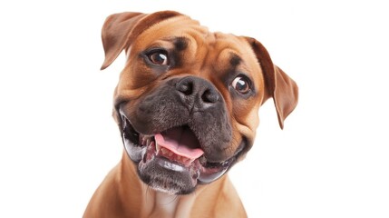 Fototapeta premium A brown Boxer dog looking directly at the camera with a happy, playful expression