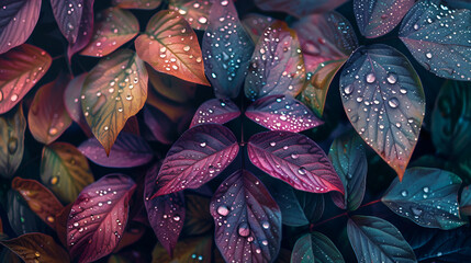 hojas de arbol o plantas con textura con gotas del rocio de la lluvia colorido fondo floral