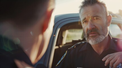 Police officer in conversation beside patrol car