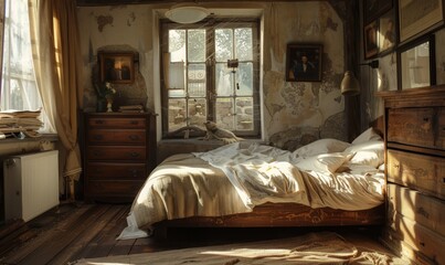 Rustic bedroom with an empty nightstand