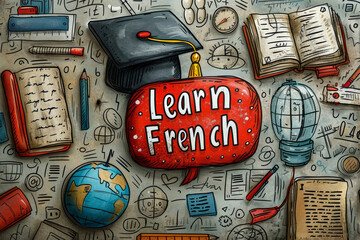 The inscription "Learn French" in English poster. French language learning advertisement, poster.
