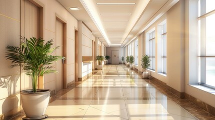 Obraz premium Empty modern hospital corridor, clinic hallway interior background