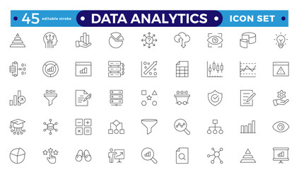 Data analytics icon set. Big data analysis technology symbol. Containing a database, statistics, analytics, server, monitoring, computing, and network icons. Editable stroke outline icon.