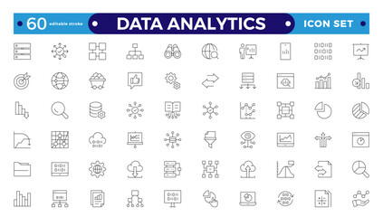 Data analytics icon set. Big data analysis technology symbol. Containing a database, statistics, analytics, server, monitoring, computing, and network icons. Editable stroke outline icon.