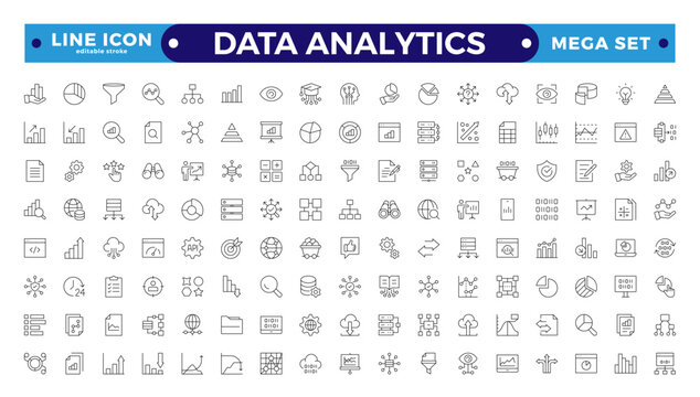 Data analytics icon set. Big data analysis technology symbol. Containing a database, statistics, analytics, server, monitoring, computing, and network icons. Editable stroke outline icon.