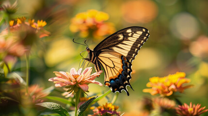 Obraz premium a close-up view of a black and yellow butterfly with blue and orange spots near the lower wings, perched on a pink flower