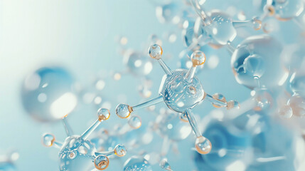 3D molecular model semi-transparent spheres and bonds light blue background realistic textures precise lighting scientific illustration 