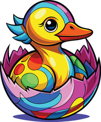 Colorful realistic duckling coming out from the egg