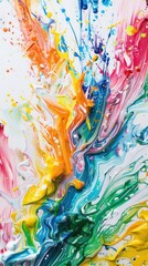 Dynamic colorful paint splashes on a white canvas