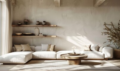 Serene living room with an empty wall shelf