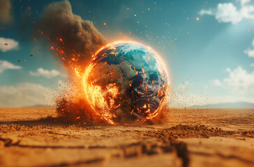 Global warming concept, the earth exploding, over cracked ground with dust flying around, There fire coming out from behind one side of planet, symbolizing destruction or apocalypse