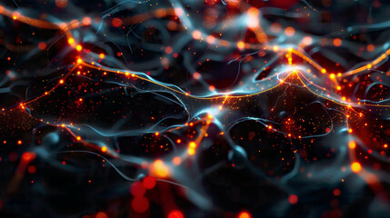 Abstract neural network connected cells with bright links futuristic high-tech background dark and vibrant intricate and detailed design 