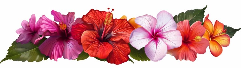 Obraz premium Vibrant Tropical Hibiscus and Plumeria Flowers Vector Art Amid Lush Flora