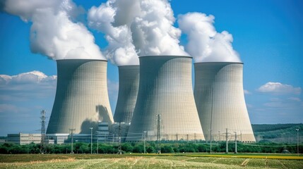 Large nuclear power plant with cooling towers emitting steam against a blue sky, illustrating energy production and industrial infrastructure.