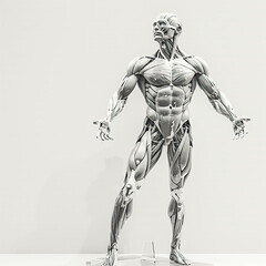 Fototapeta premium Anatomical prototype of a man detailed musculature and skeletal structure semi-transparent set against a clean white background precise and realistic