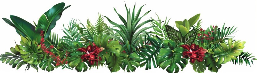 Obraz premium Lush Tropical Vector Art with Exotic Orchids and Bromeliads in Rainforest Setting