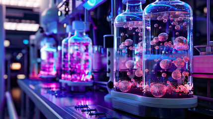 Bioreactor with bubbling cultures side view realistic lighting 