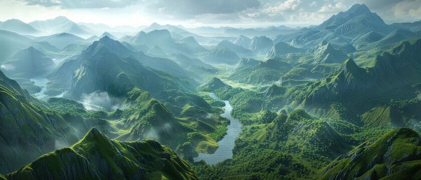 Aerial view of a mountain range with a river valley,