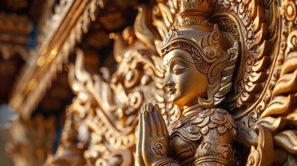 Fototapeta premium Glorious Gold Leaf Art Featuring Intricate Thai Patterns on Religious Statue