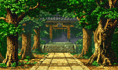 Obraz premium 8 bits pixel art of stone path leading to the entrance to a shinto shrine in a forest