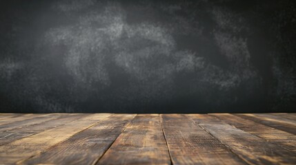 a close up of a rustic empty wooden table with blurred school chalk blackboard background