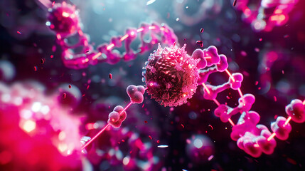 Cancer cell and DNA strand in a 3D rendering, glowing and vibrant, dark gradient background, high-definition, concept for oncology research, precise and realistic 