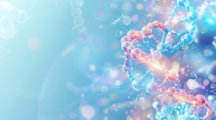 Chemical and genetic research abstract, bright and vivid colors, molecular structures intertwined with DNA helix, modern and clean design, blue gradient background 