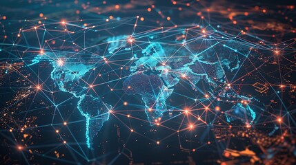 A world map overlaid with interconnected lines and nodes, representing the concept of globalization, international trade, and the interconnectedness of the global economy