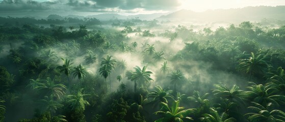 Obraz premium Aerial view of a tropical rainforest with mist,