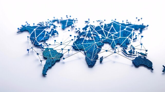 An interconnected world map with lines and nodes representing global trade and communication, emphasizing the concept of globalization and the global economy
