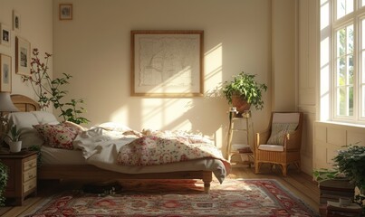 Cozy bedroom with an empty picture frame
