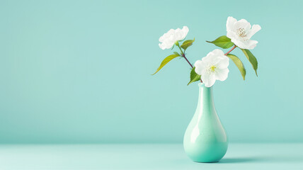 Vase with white flower on a mint background. Mint wall background