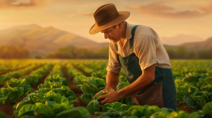 Farmer harvesting lush vegetables in early morning light, surrounded by vibrant greens, Realism, Warm hues, Digital painting, High detail