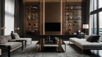 luxurious living room with wooden accents, large sofas, and modern decor, creating a warm and inviting space in a contemporary home