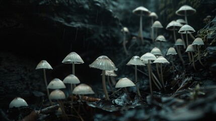 Fototapeta premium The Hidden World of Psychedelic Mushrooms in a Dark, Moist Cave