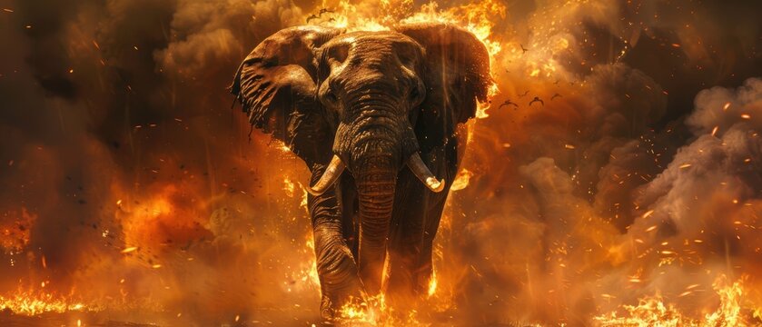 An elephant trumpeting with flames surrounding it, representing massive power and fury