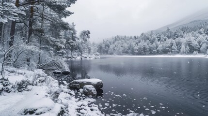 The scenery surrounding the lake following the initial snowfall