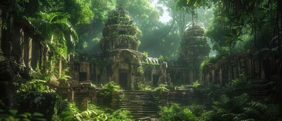 Ancient ruins in a dense jungle with vines and foliage, 8k UHD