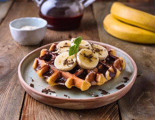 Delicious Belgian Waffle with banana and chocolate drizzle - tasty breakfast - lunch - brunch