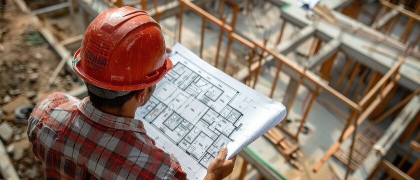 Architect reviewing blueprints at a construction site