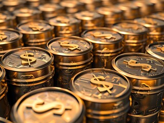 Oil barrels with golden dollar symbols, US currency overlay, Gold and Oil and US Dollars, Financial interplay and resource value